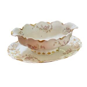 Haviland Limoges vintage gravy boat attached tray pink flowers & gold highlights